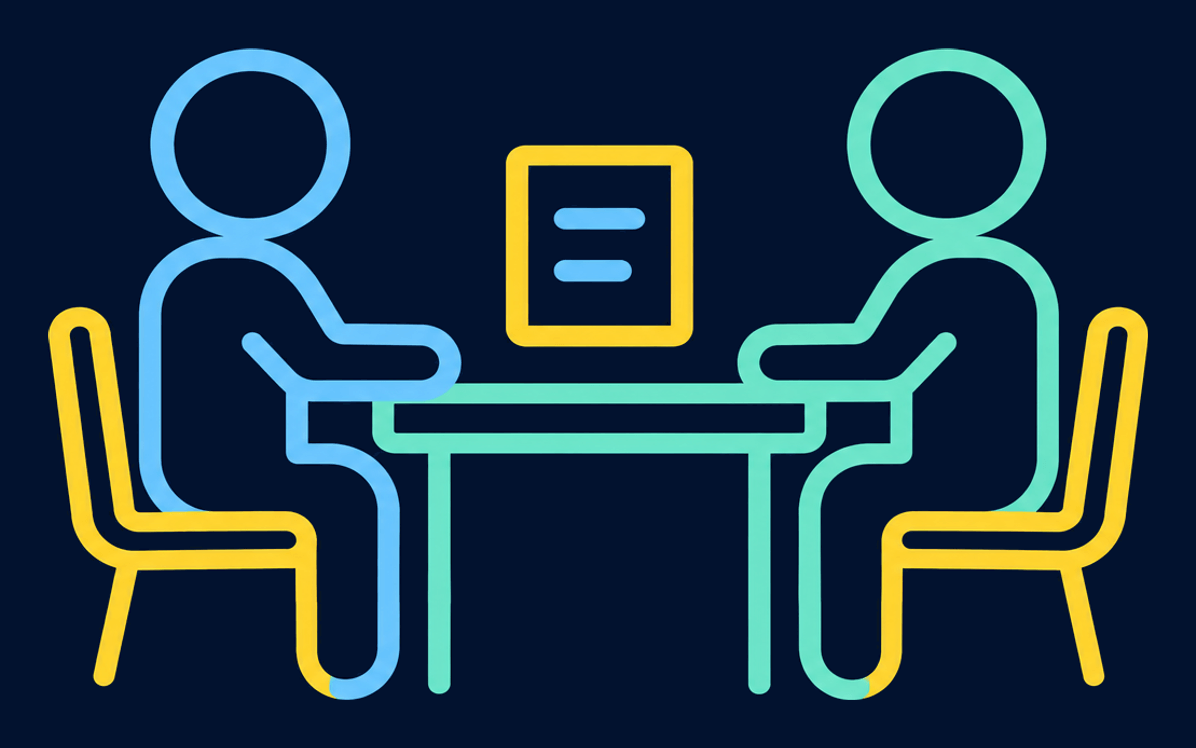 Two people seated across a table from each other, working through a document together