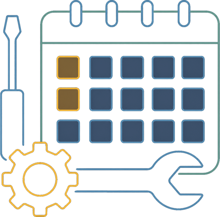 A calendar with a gear and service tools