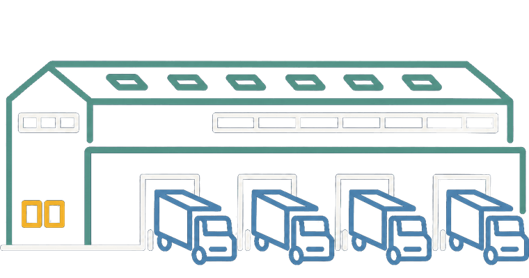 Warehouse with loading docks and delivery trucks